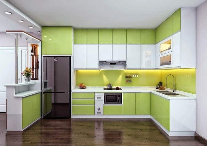 Tủ bếp inox cánh composite xanh trắng - Inox Trung Thành 