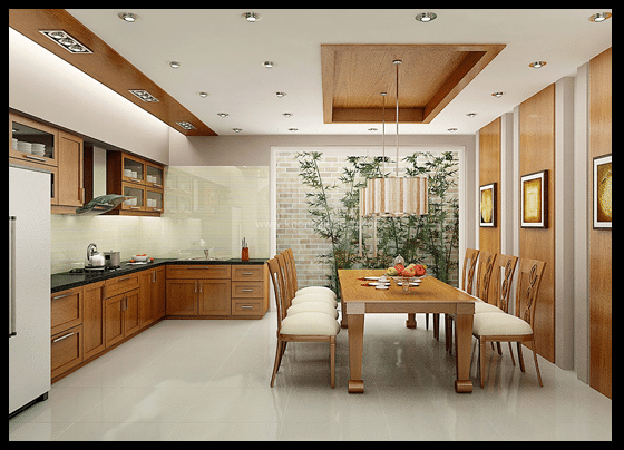 Thiết kế phòng bếp sang trọng hiện đại với tủ bếp inox cánh gỗ xoan đào