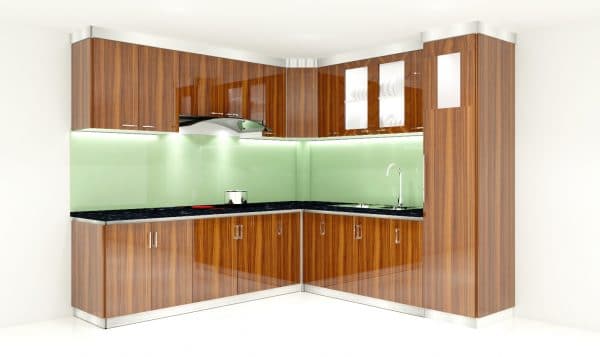 Tủ bếp inox cánh gỗ hình chữ L tiế kiệm không gian