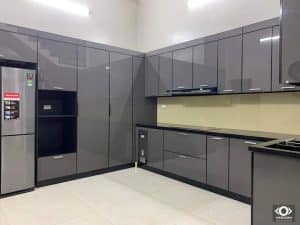 Mẫu tủ bếp inox 304 sơn tĩnh điện màu xám chữ L