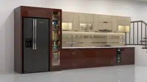 tủ bếp cánh kính chữ I màu đỏ