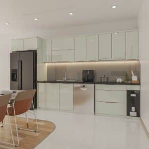 tủ bếp inox cánh kính chữ I màu trắng